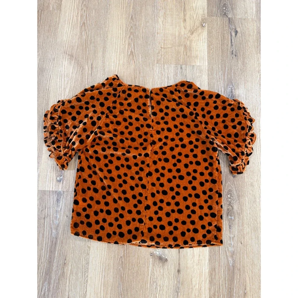 Madewell Velvet Top Womens XS Burnt Orange Polka Dot Ruffle Sleeve Excellent‎